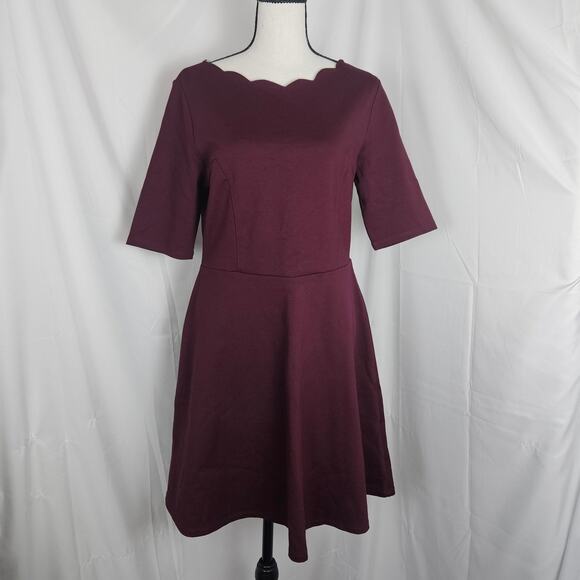 Monteau Dress Women's Petite Large PL Burgundy Scallop Neck Fit & Flare Romantic - Picture 1 of 10